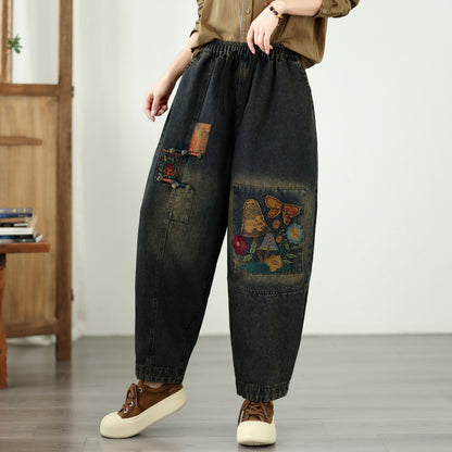 Retro Patchwork Embroidered Denim Jeans – Loose Fit & Elastic Waist.