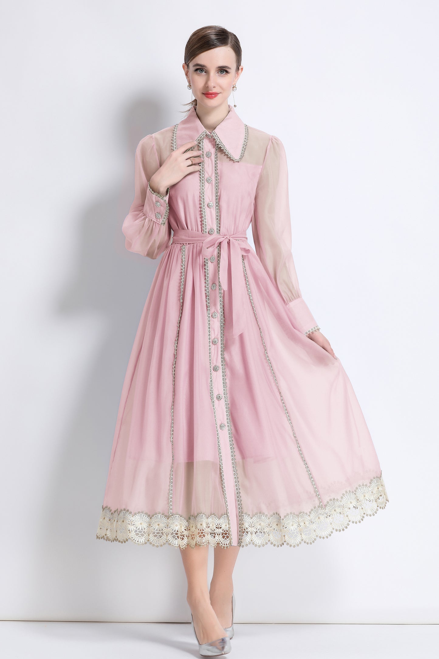 Women's Organza Lapel Neck Lace Midi Dress