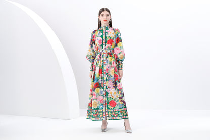 Women's Printed High-neck Puff Sleeves Maxi Dress