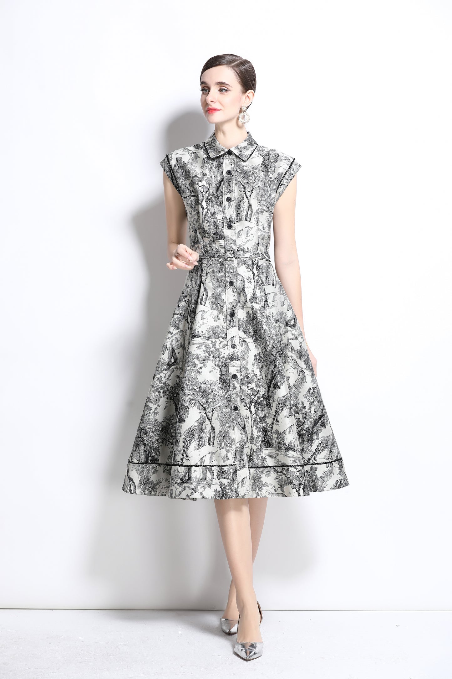 Women's Jacquard Cap Sleeve Button Rockabilly Dress