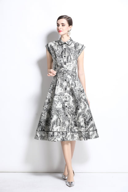 Women's Jacquard Cap Sleeve Button Rockabilly Dress