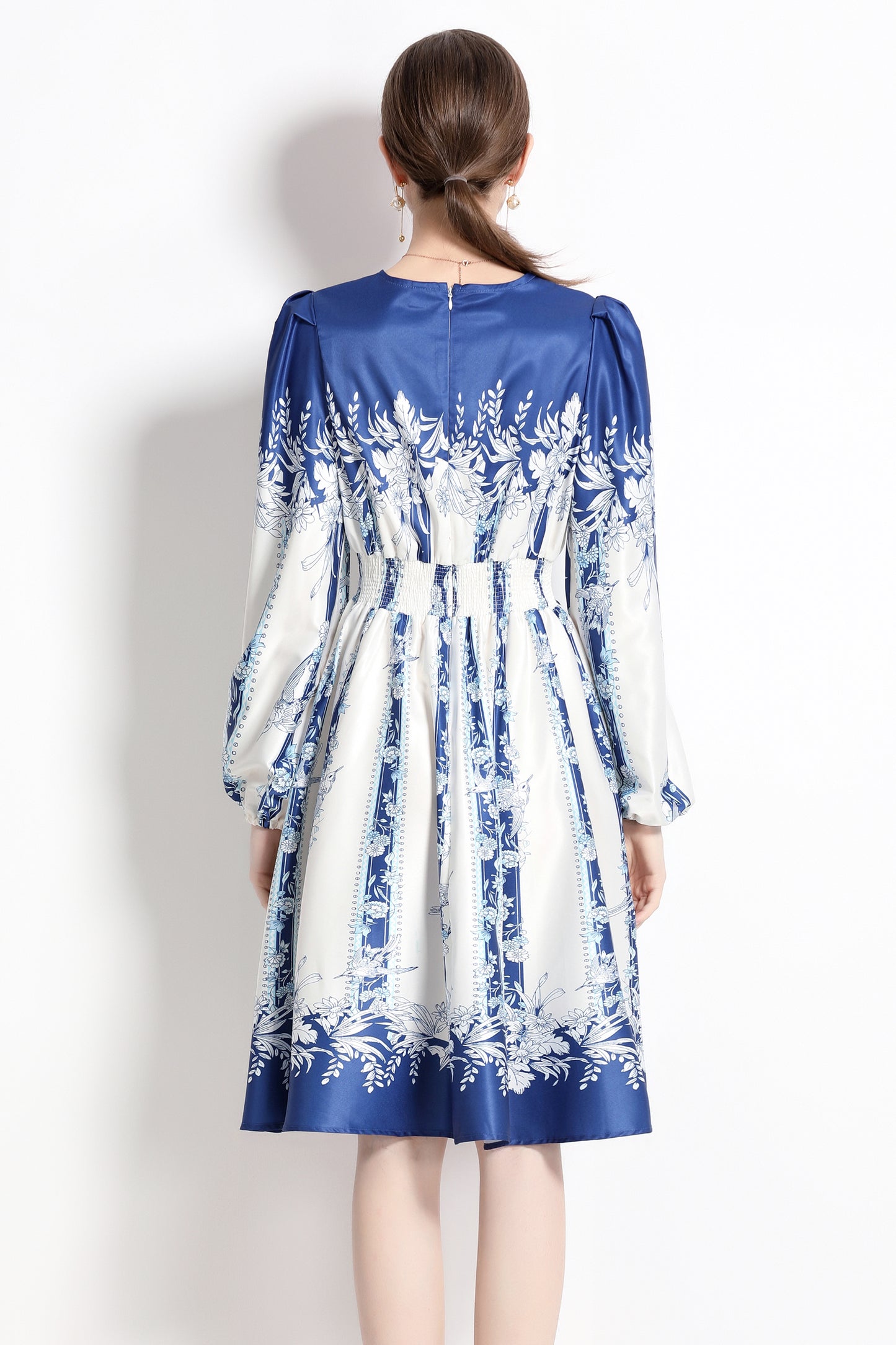 SSY-Women's Floral Print V-Neck Long Sleve Mini Dress