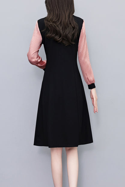 Women's Lapel V-Neck Pocket Long Sleeve Black Dress
