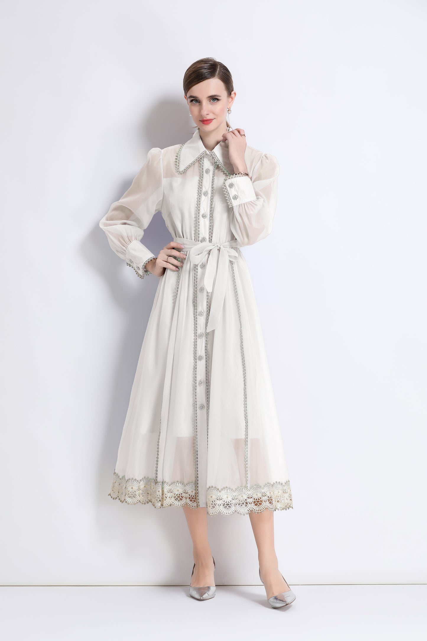 Women's Organza Lapel Neck Lace Midi Dress