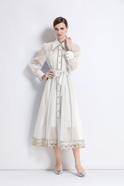 Women's Organza Lapel Neck Lace Midi Dress
