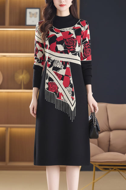 Women's Long Sleeve Print Ribbed Knitted Sweater Dress