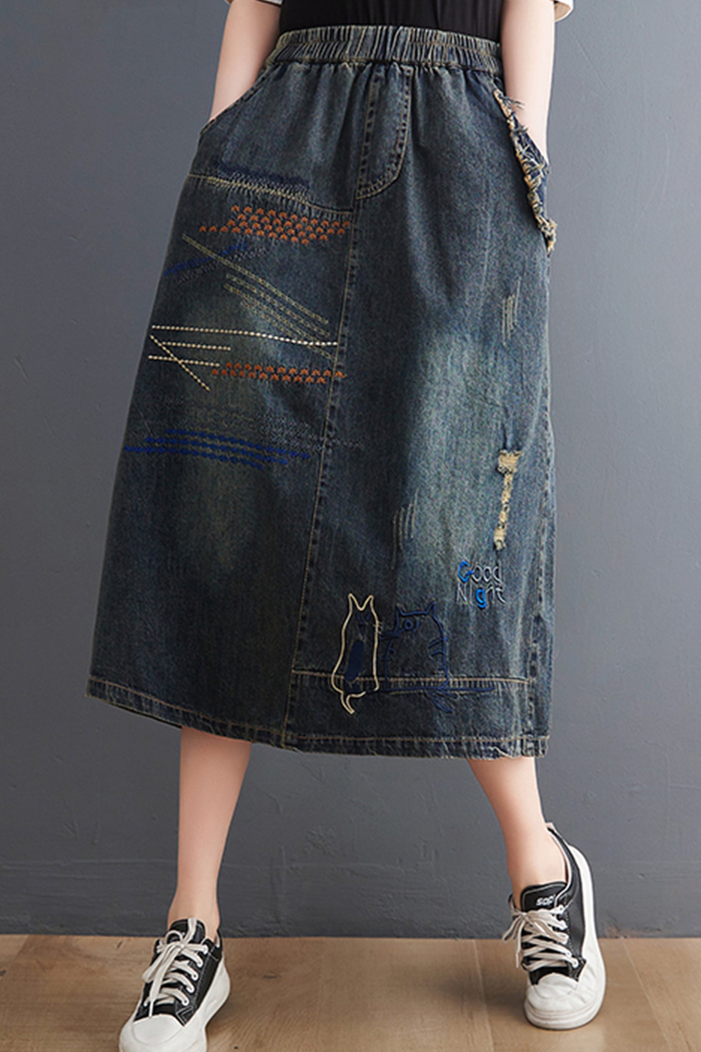 Women's Denim Drawstring Waist Pockets Jean Skirt