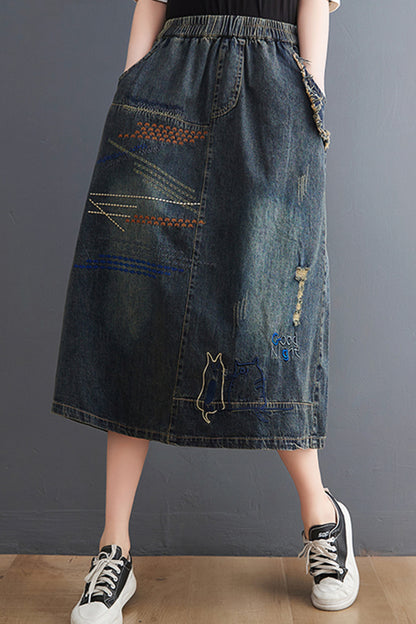 Women's Denim Drawstring Waist Pockets Jean Skirt