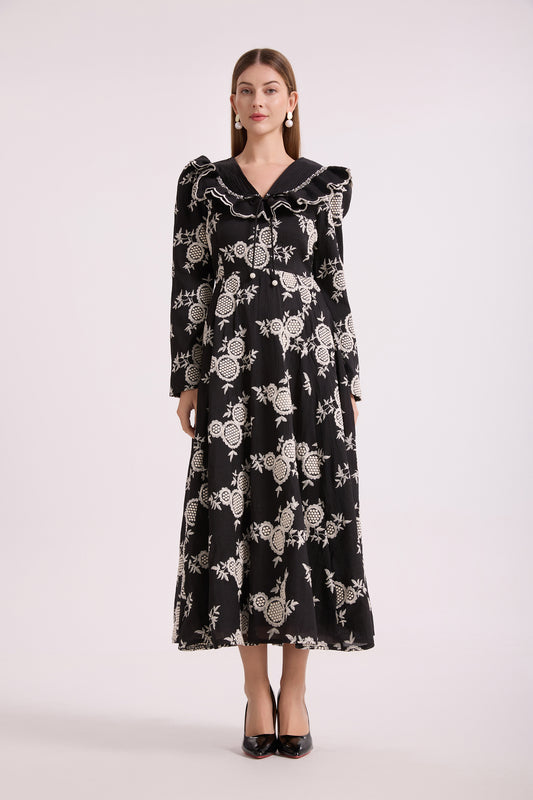 French-Inspired Embroidered Ruffled A-line Maxi Dress