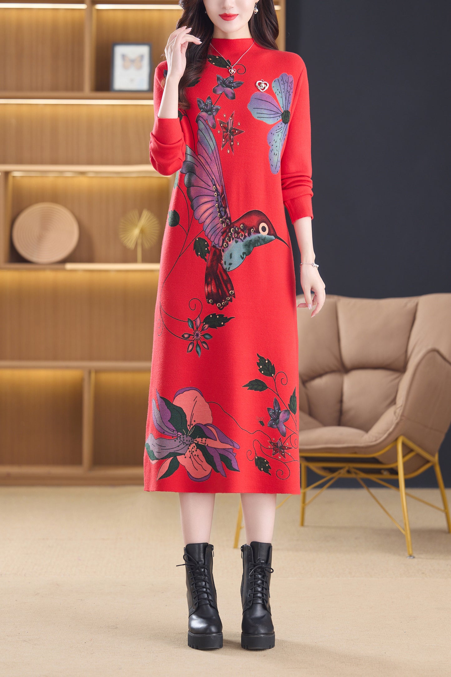 Women's Turtleneck Sweater Long Sleeve Red Dress