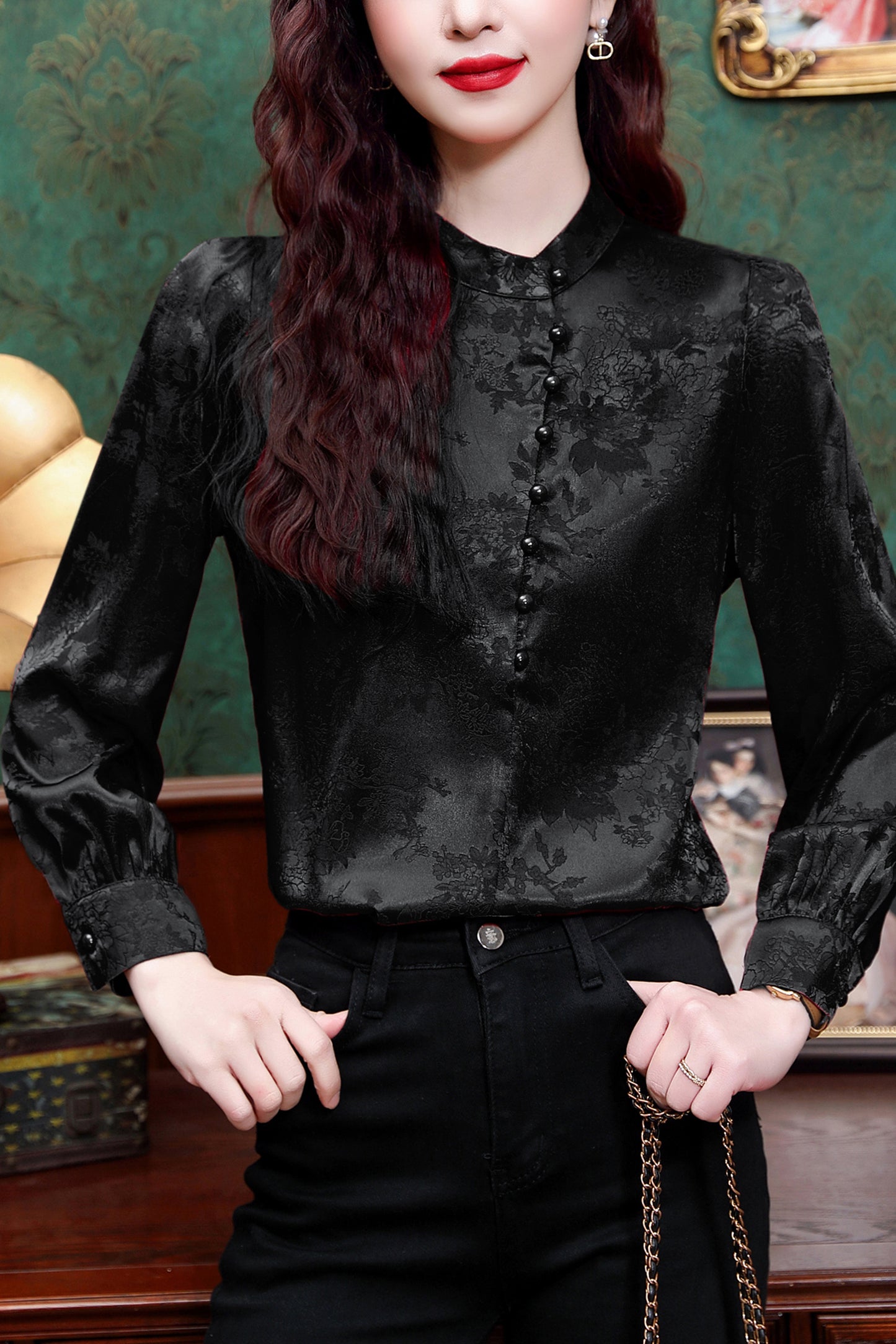 Women's Silk Satin Jacquard Long Sleeve Blouses