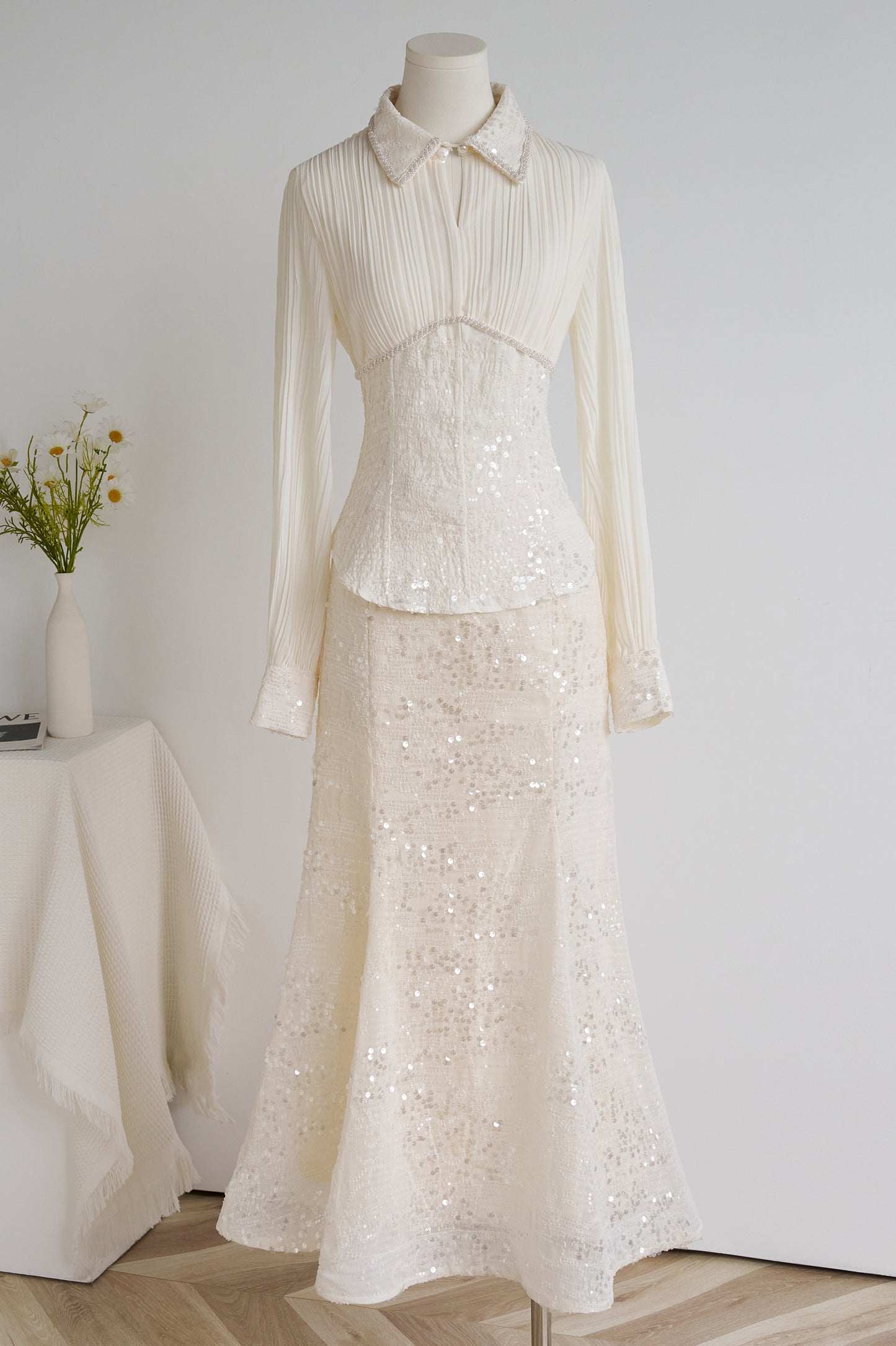 Elegant Long Sleeve Beaded Sequin Mermaid Maxi Dress Set