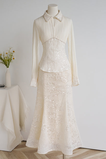 Elegant Long Sleeve Beaded Sequin Mermaid Maxi Dress Set