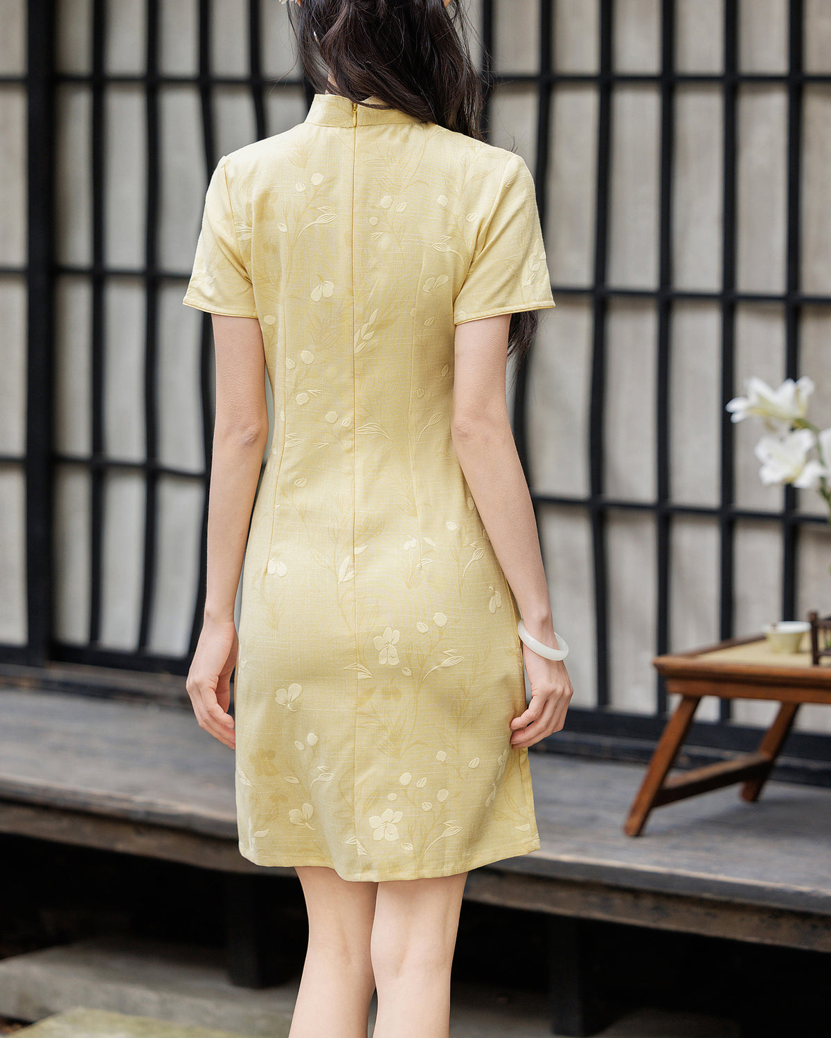 Light Yellow Floral Jacquard Cheongsam Mini Dress Short Sleeve Chinese Dress