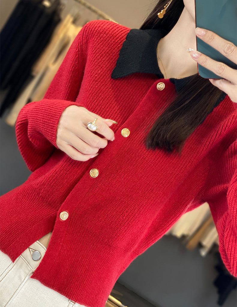 Chic Contrast Collar Knit Cardigan – Vintage Button Ribbed Sweater Top