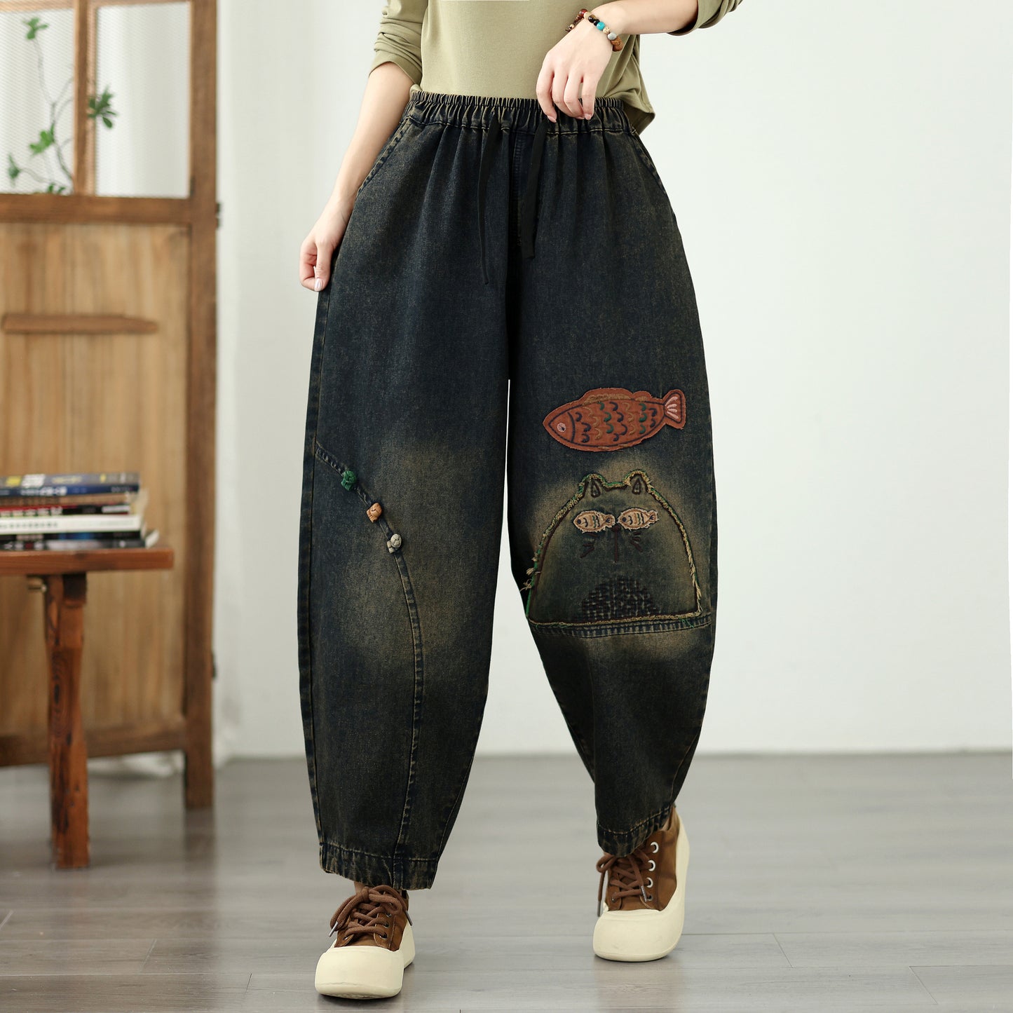 Vintage Denim Harem Pants with Fish Embroidery