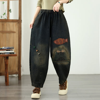 Vintage Denim Harem Pants with Fish Embroidery