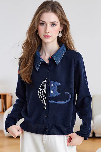 Women's Sweater Cardigan 2 in 1 Lapel Button Knit