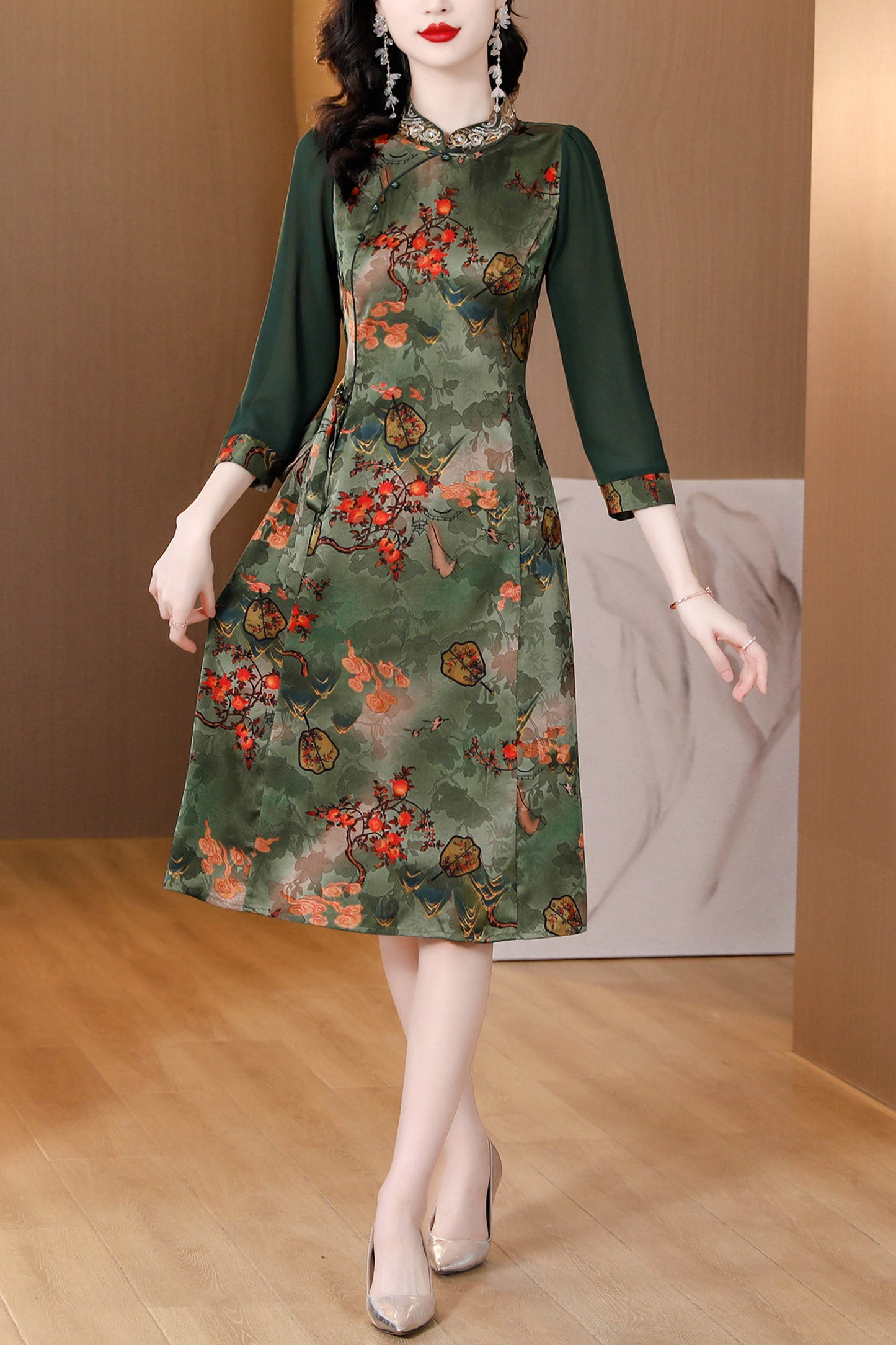 Green Floral Cheongsam Fake Two Pieces Dress