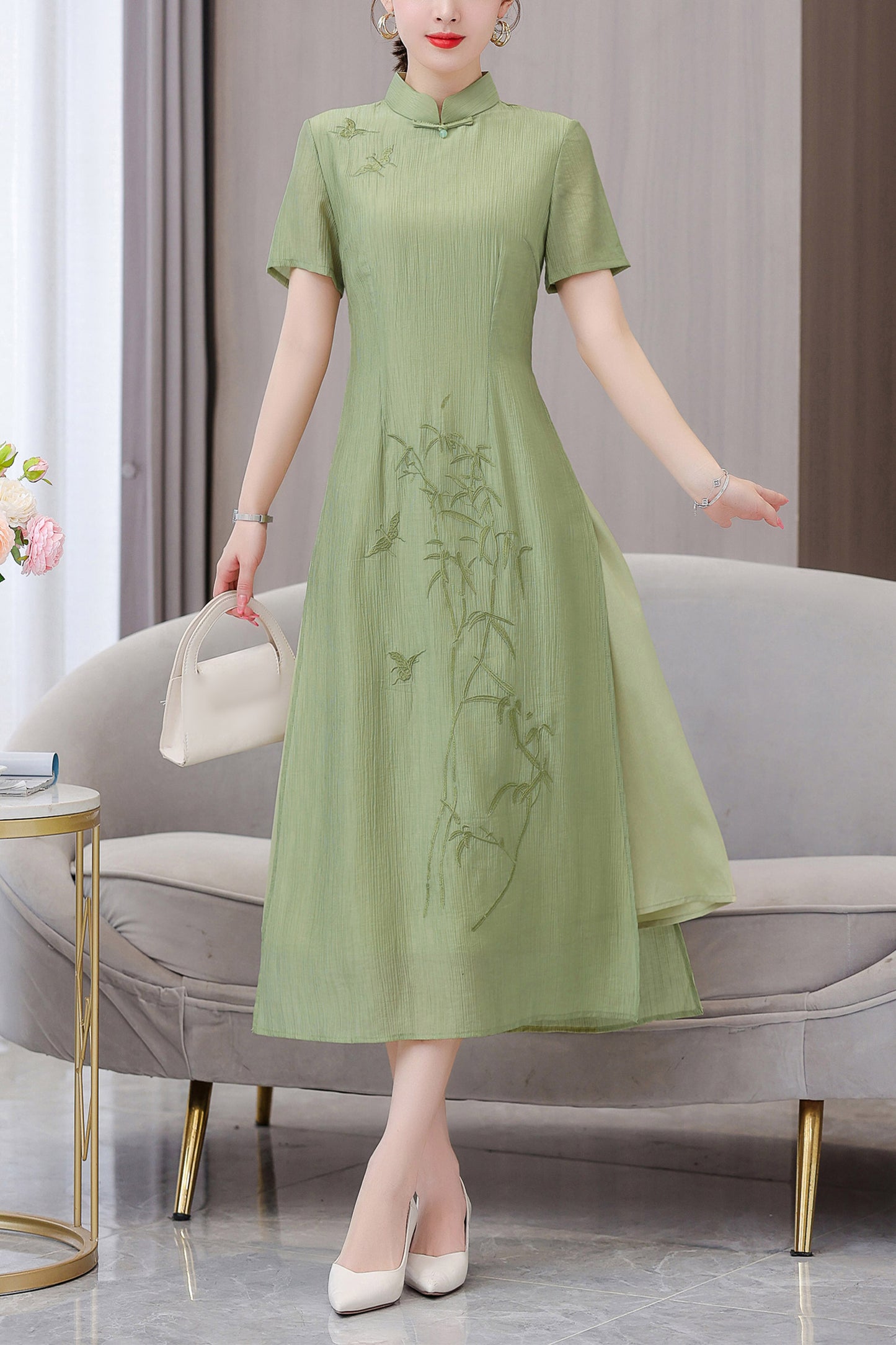 Green Embroidered Floral Cheongsam Short Sleeves Dress
