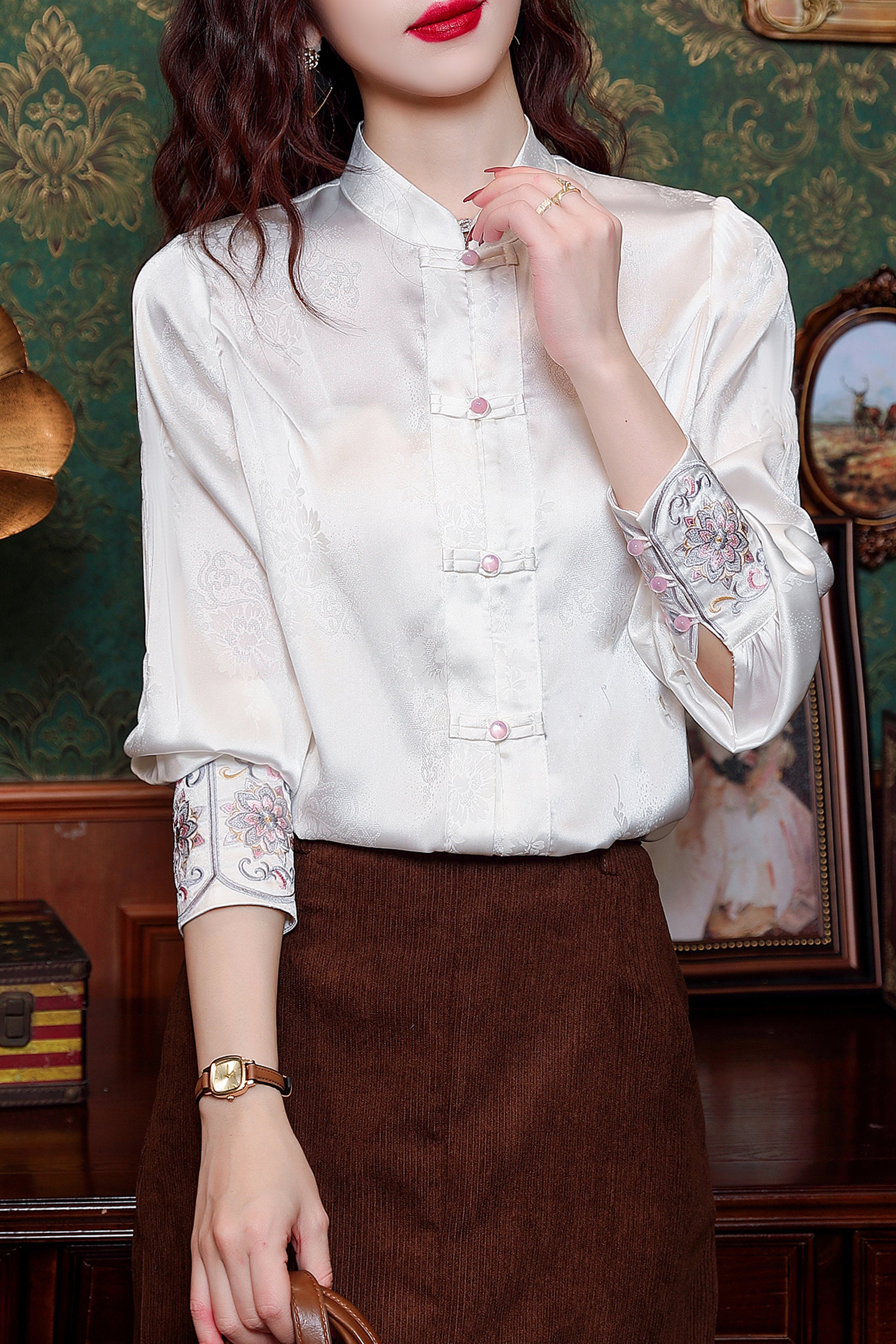 Women's Silk Satin Jacquard Long Sleeve Blouses - LAI MENG FIVE CATS