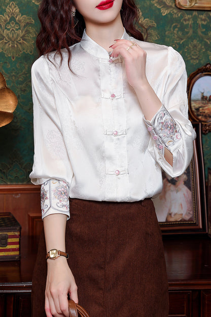 Women's Silk Satin Jacquard Long Sleeve Blouses