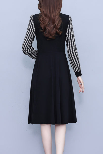 Women's Square Collar Long Sleeve Black Dress with Pocket - LAI MENG FIVE CATS