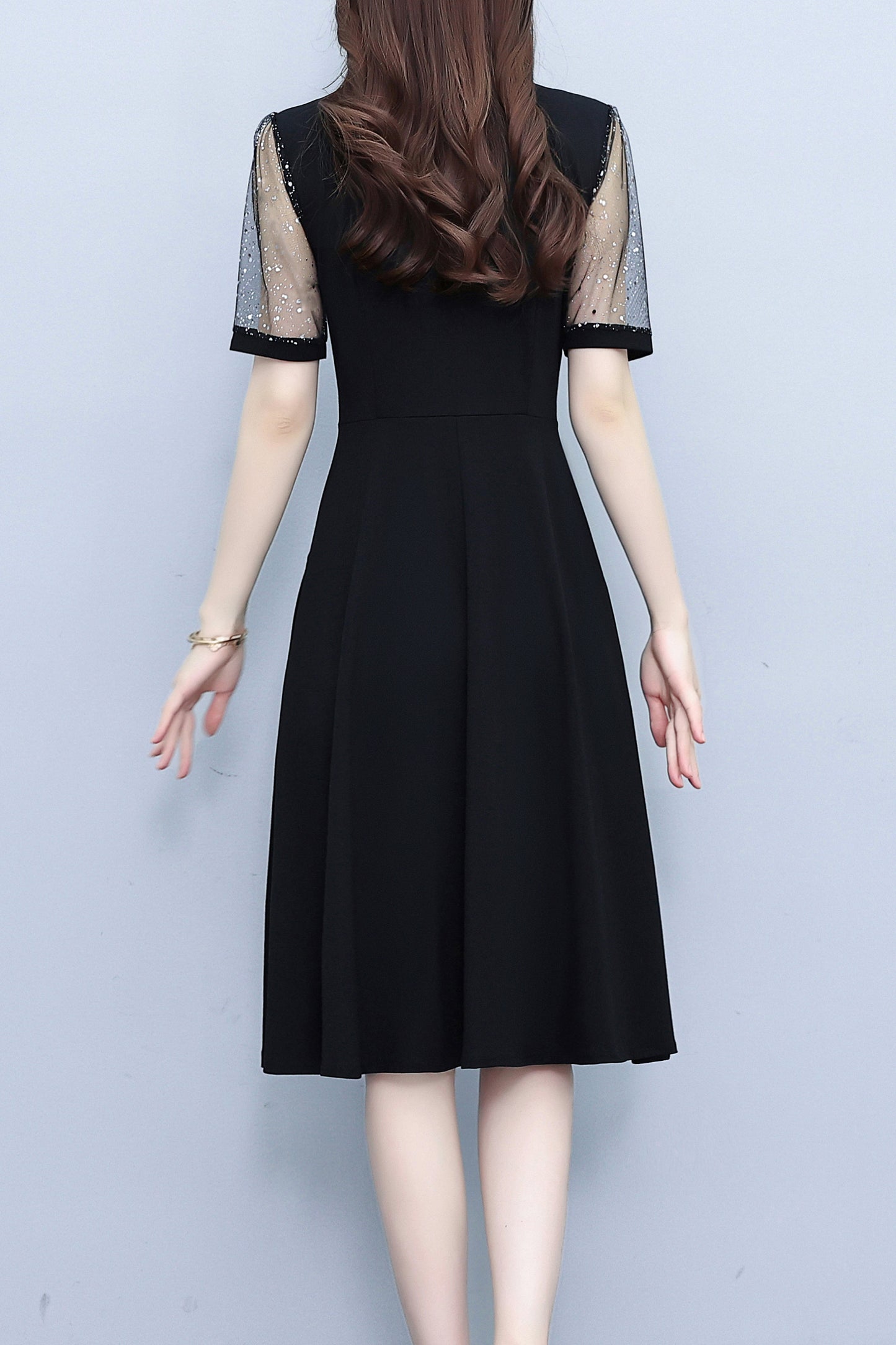 Women's Peter Pan Collar Short Sleeve Pocket Midi Dress - LAI MENG FIVE CATS