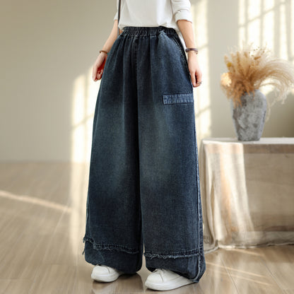 28669-Vintage Denim Wide-Leg Pants with Frayed Hem & Elastic Waist