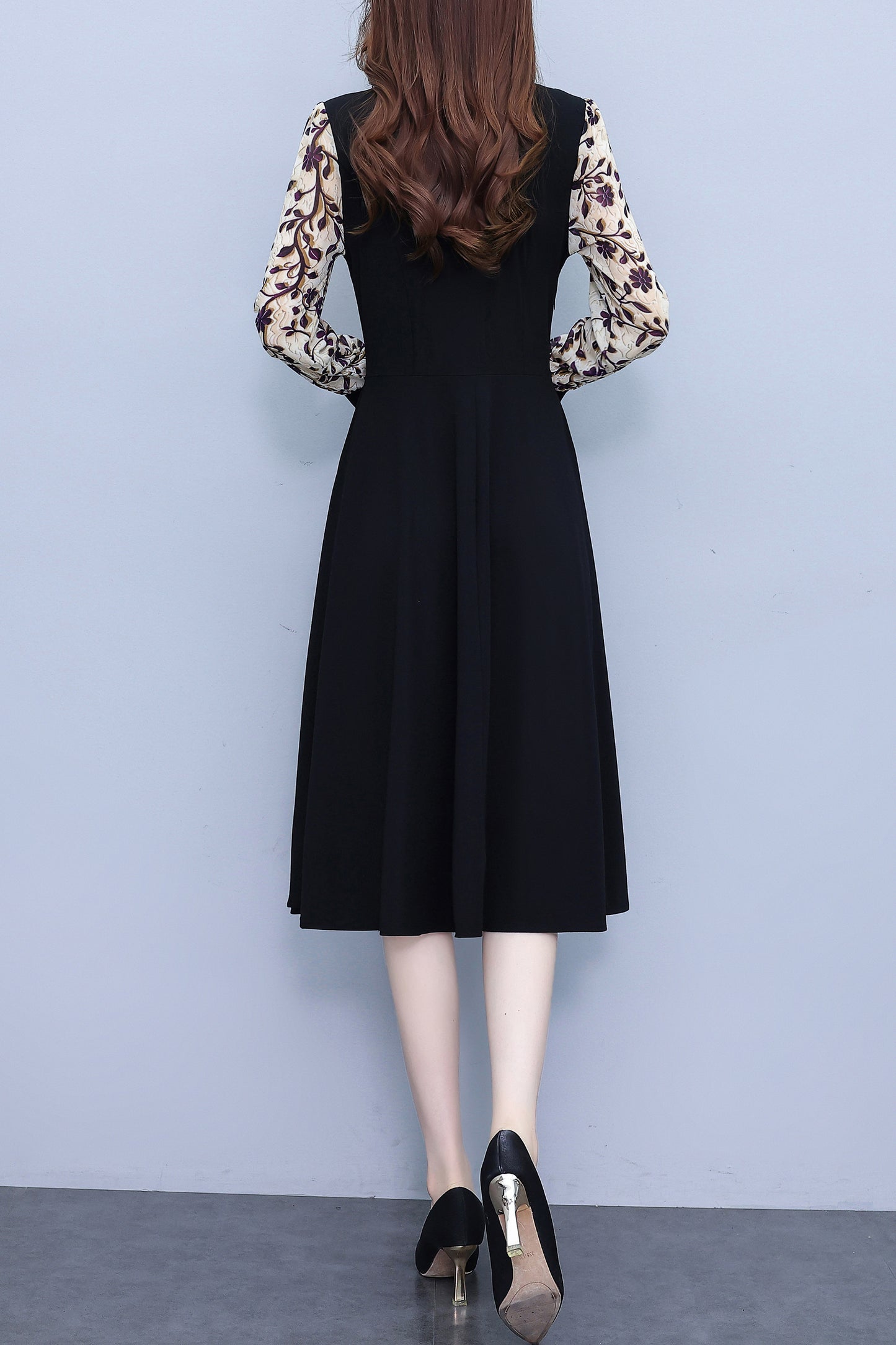 Women's V-Neck Long Sleeve Patchwork Black Dress