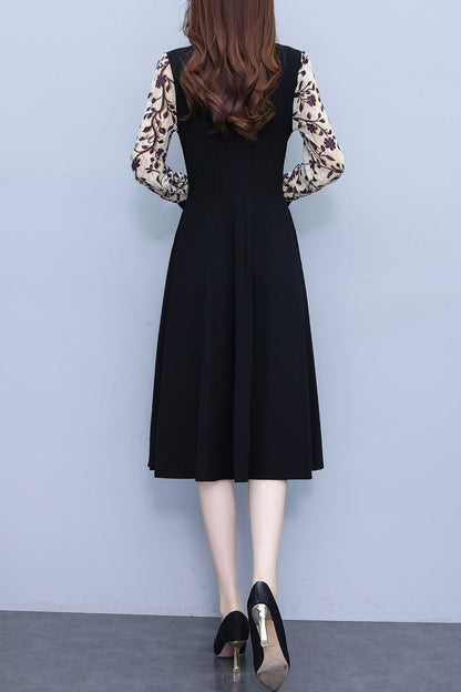 Women's V-Neck Long Sleeve Patchwork Black Dress