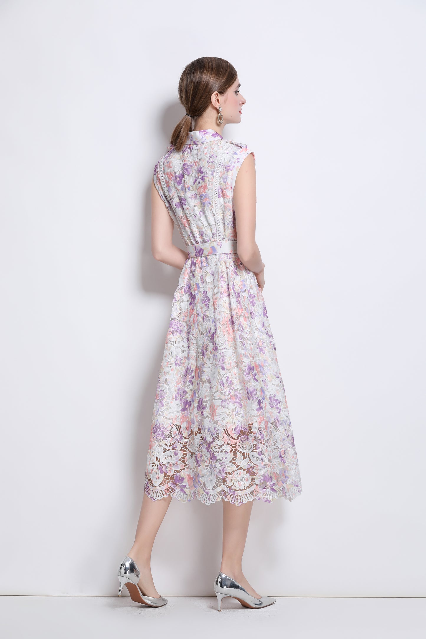 Lavender Floral Lace Midi Dress with Belt – Romantic Date Night Dress