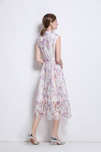 Lavender Floral Lace Midi Dress with Belt – Romantic Date Night Dress