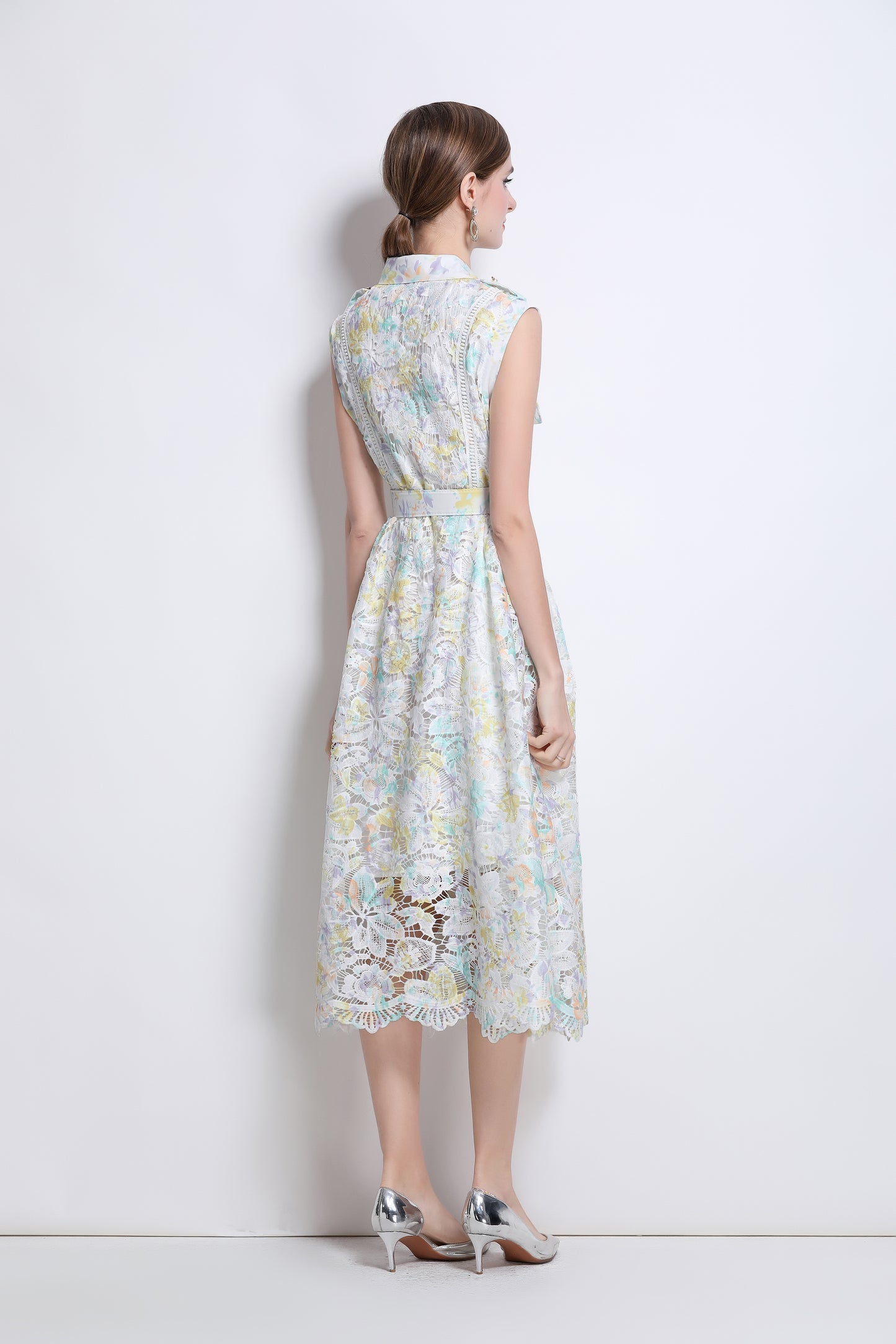 Women's Hollow Lace Print Sleeveless Midi Dress