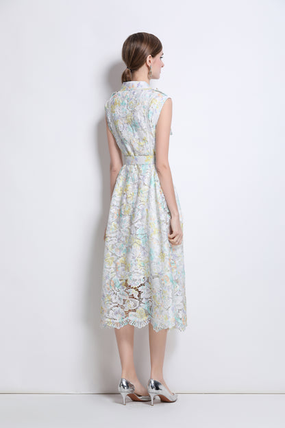 Women's Hollow Lace Print Sleeveless Midi Dress