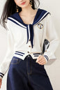 Women's Sailor Collar Long Sleeve Stripe Cardigan Sweater