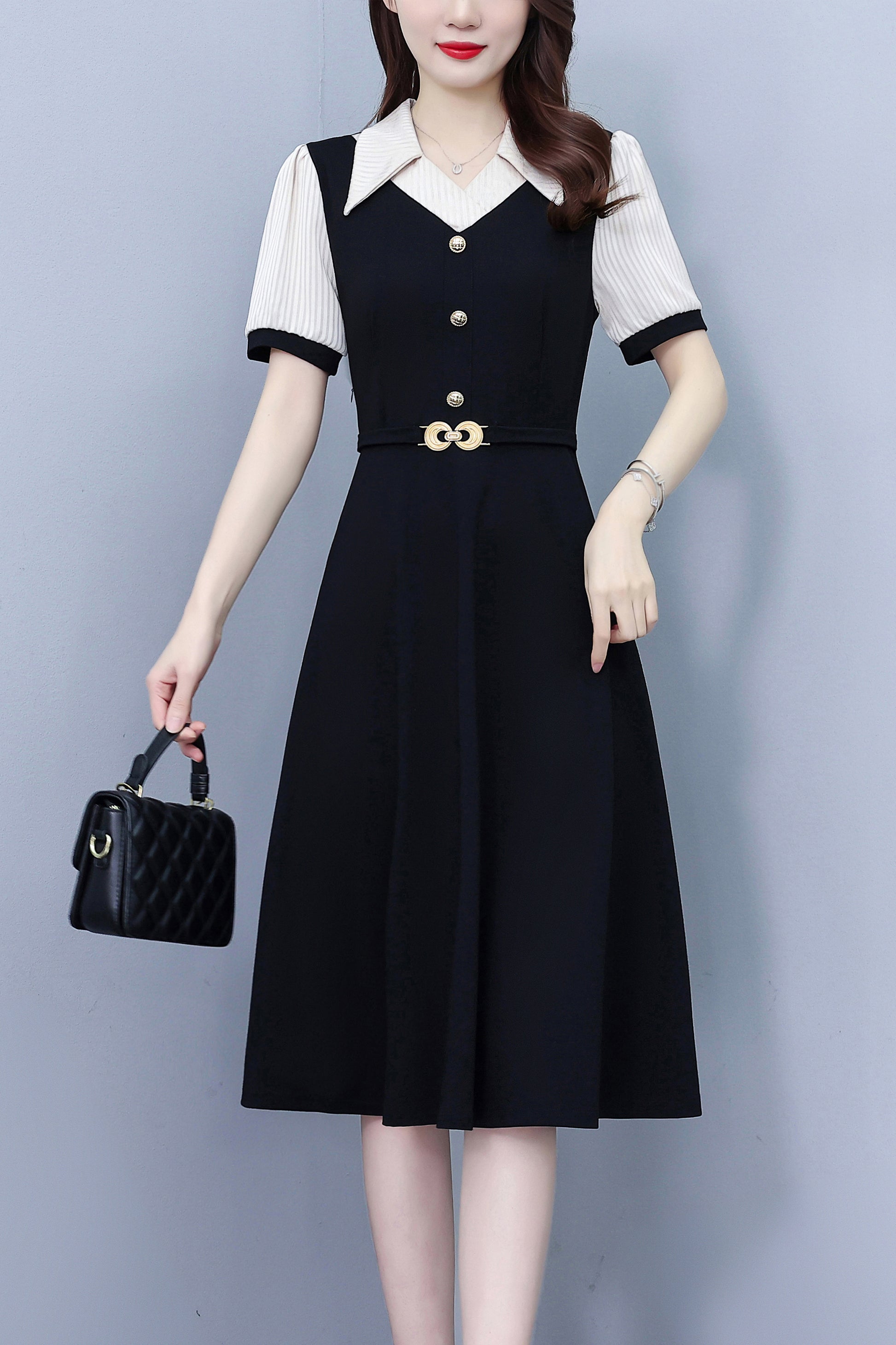 Women's Lapel V-Neck Pocket Short Sleeve Midi Dress - LAI MENG FIVE CATS
