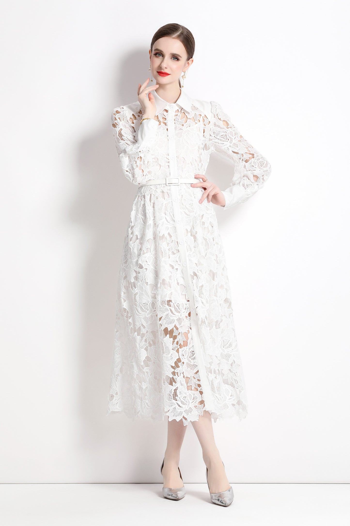 White Elegant Lace Button Midi Dress With Belt