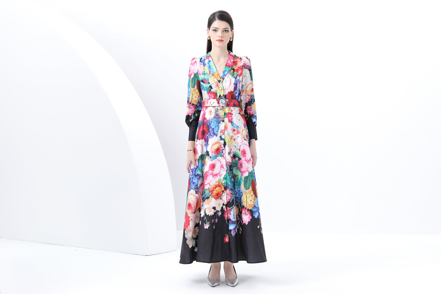 Women's Notch Lapels Puff Sleeve Print Maxi Dress