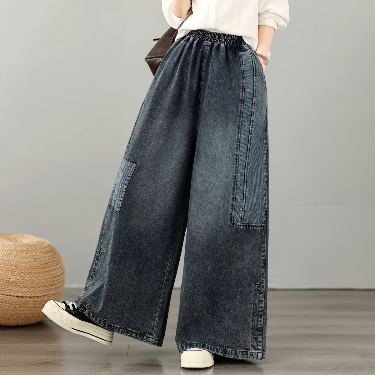 28667-Vintage Denim Wide-Leg Pants with Buttons Trim & Patch Pockets