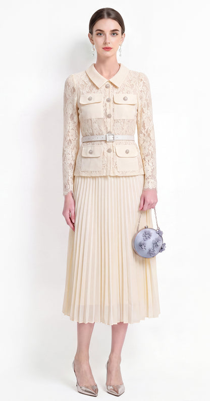 28729 Elegant Lace Pleated Midi Dress with Belt – 4 Colors