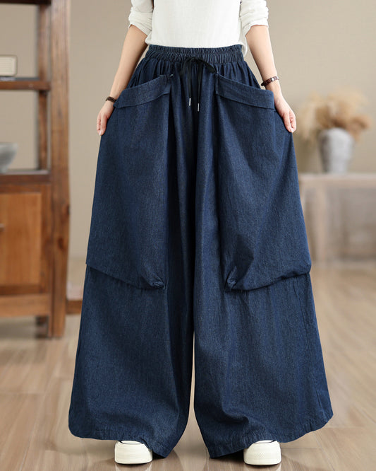 Women's Oversized Denim Wide Leg Pants Drawstring with Large Pockets - LAI MENG FIVE CATS