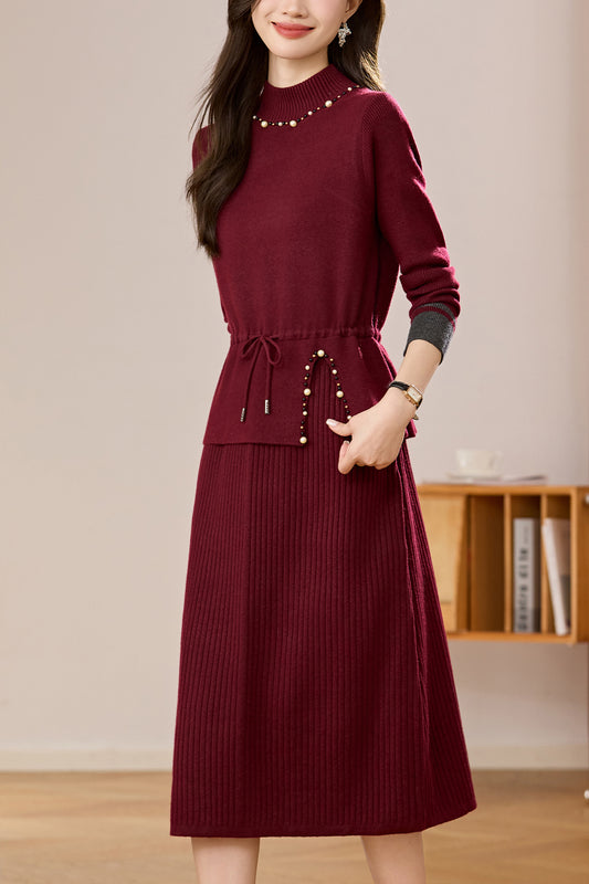 Women's Mock Neck Wool Sweater Drawstring Waist Dress