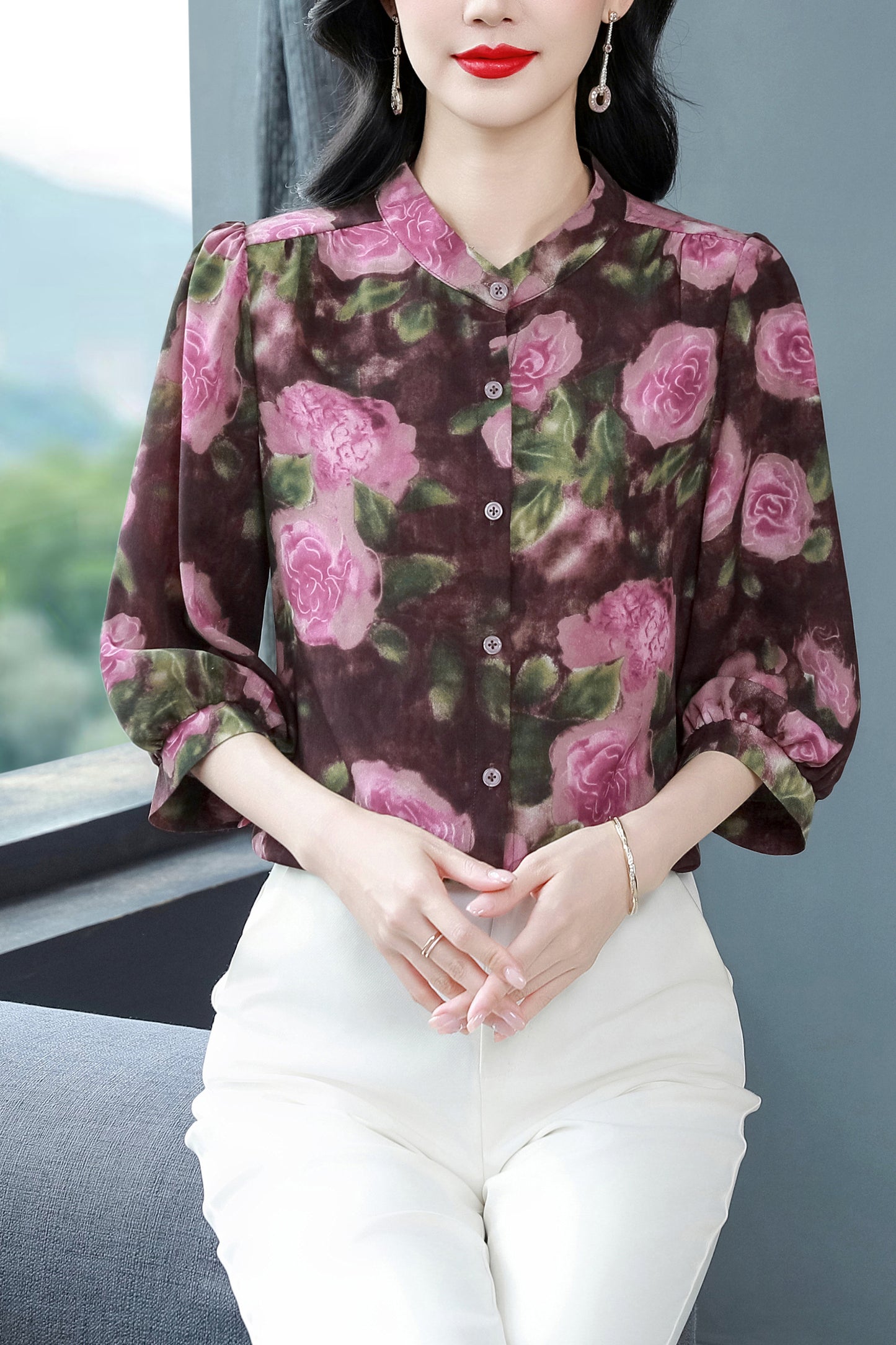 Women's Floral Print Puff Sleeve Loose Blouses Top