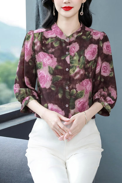 Women's Floral Print Puff Sleeve Loose Blouses Top