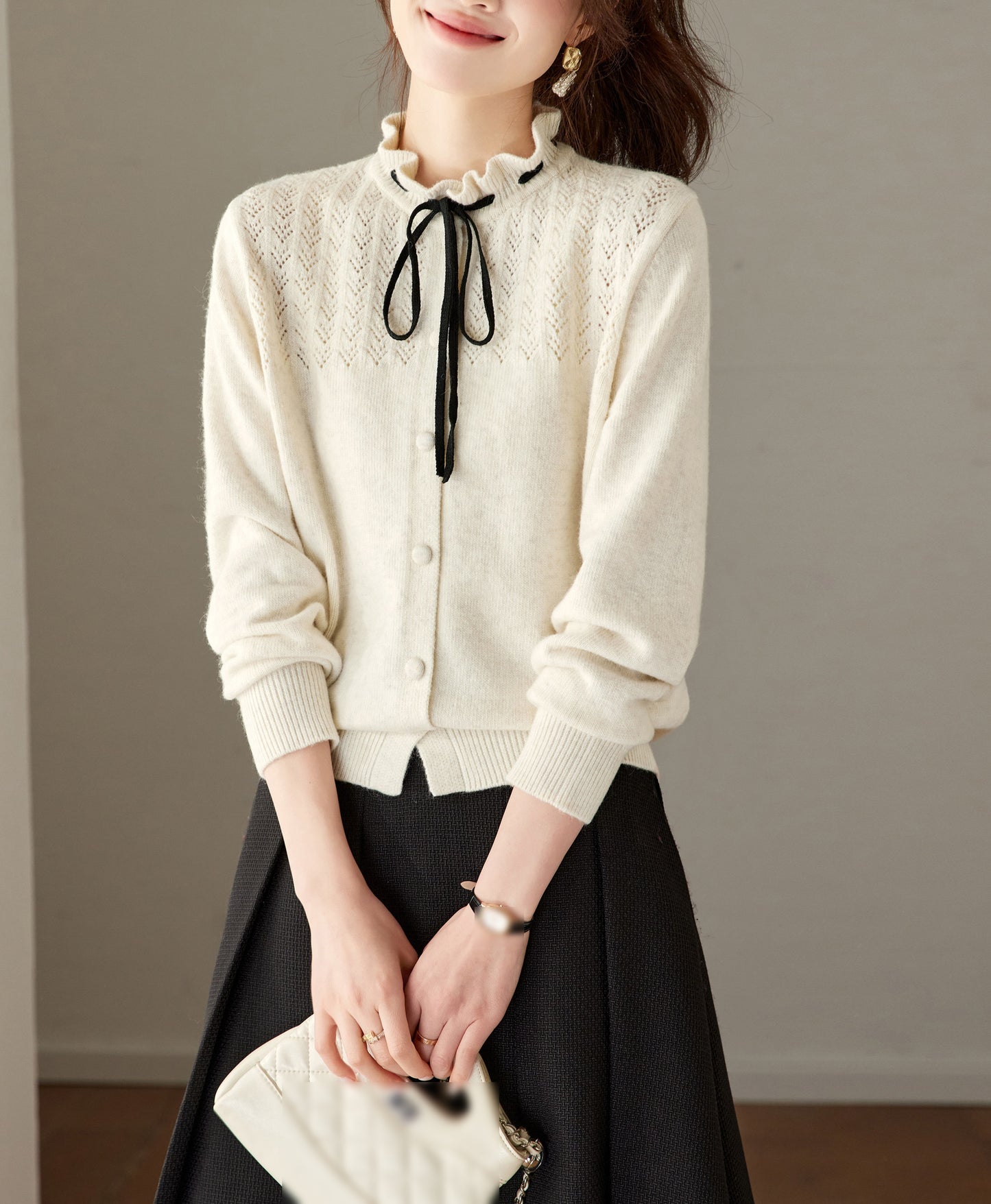 Ribbon Tie Knit Cardigan Long Sleeve Elegant Sweater Tops