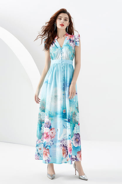 Blue Floral Print V Neck Maxi Dress with Belt