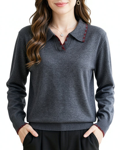 Elegant Contrast Trim Collared V-Neck Long Sleeve Knit Sweater