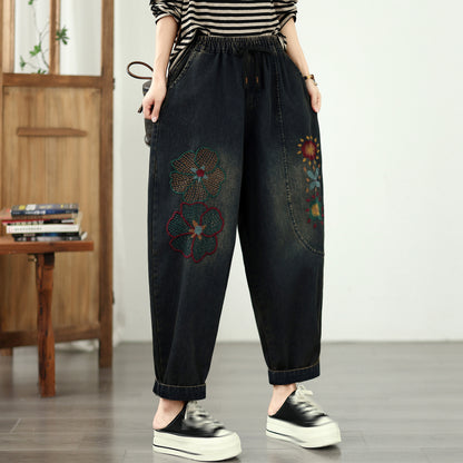 Boho Loose Fit Embroidered Baggy Jeans with Floral Details