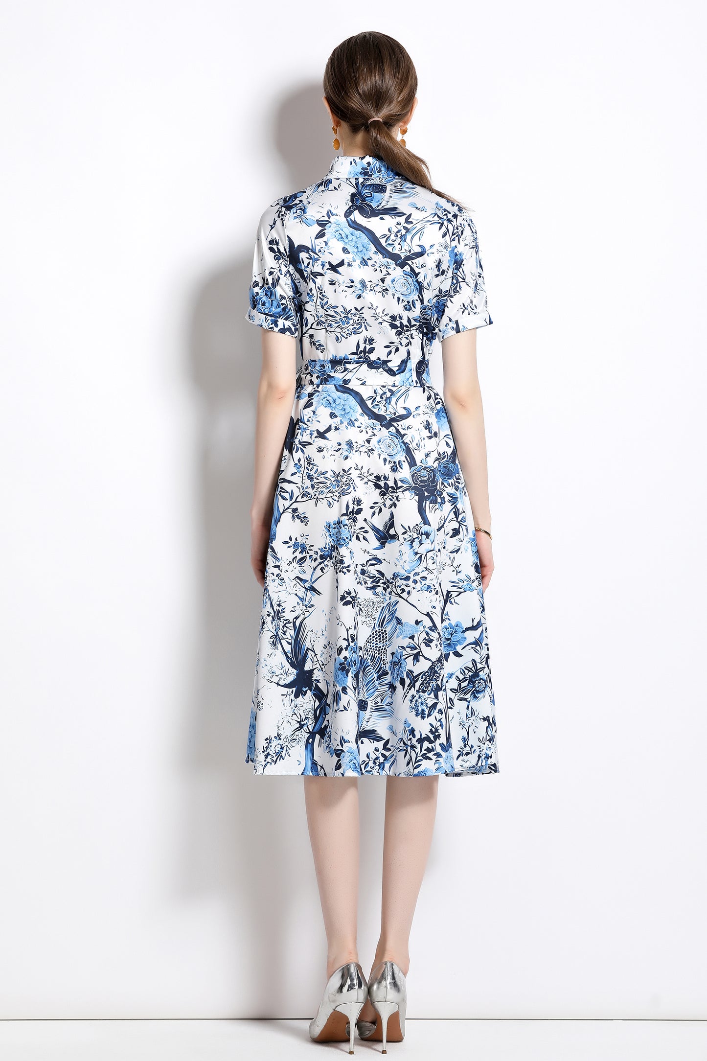 FSY-Women's Short Sleeve Floral Print Button Midi Dress